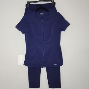Jaanuu Navy Blue Scrub Set Short Sleeve Zip Top 7-Pocket Cargo Pants Size XS